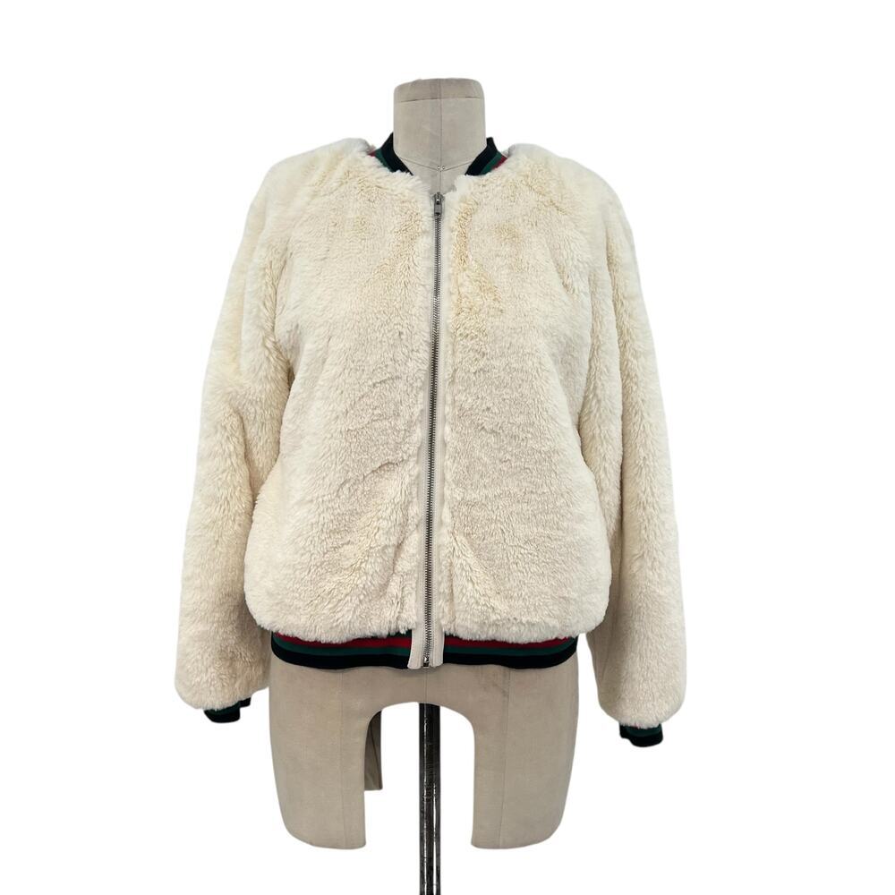 Lavender Brown Cream Ivory Faux Fur Bomber Jacket Green Red Trim Size XS